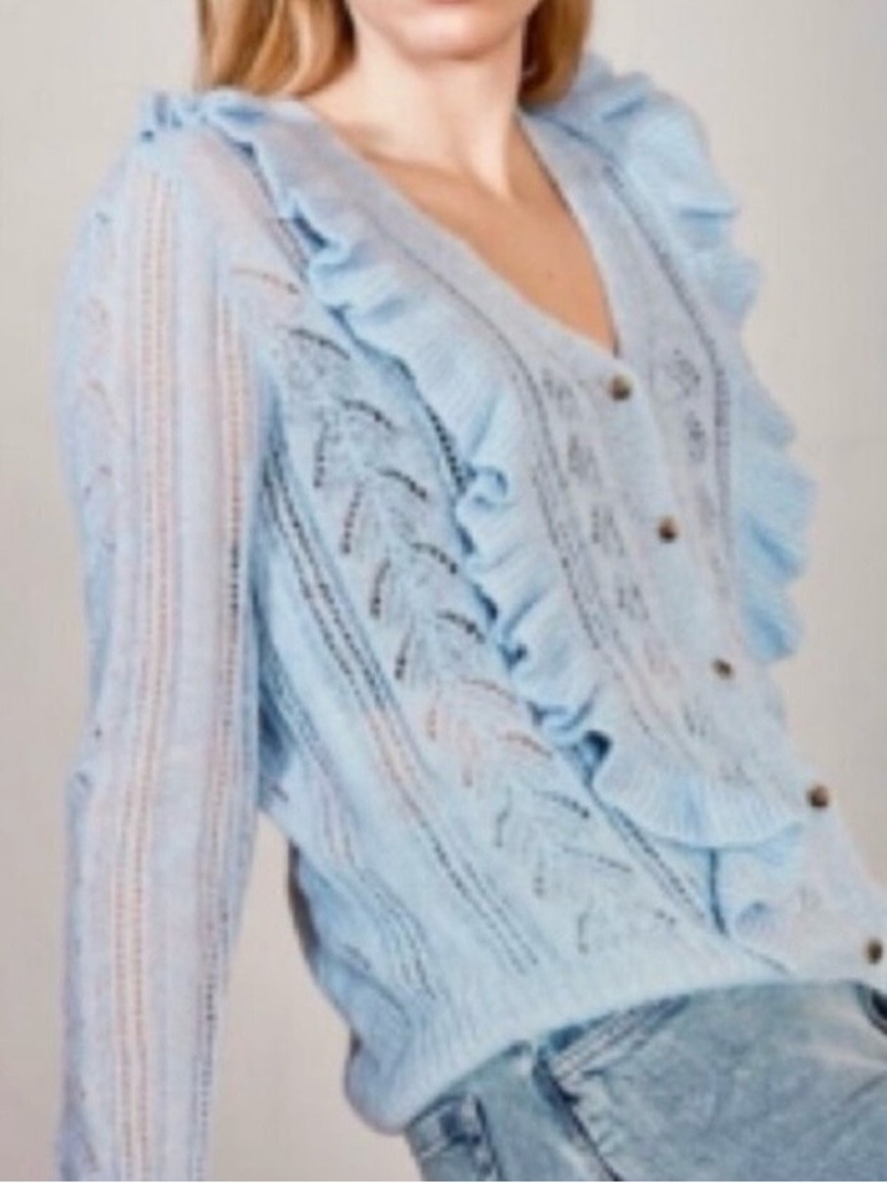 ICHI Light Blue Ruffle V-Neck Knit Cardigan